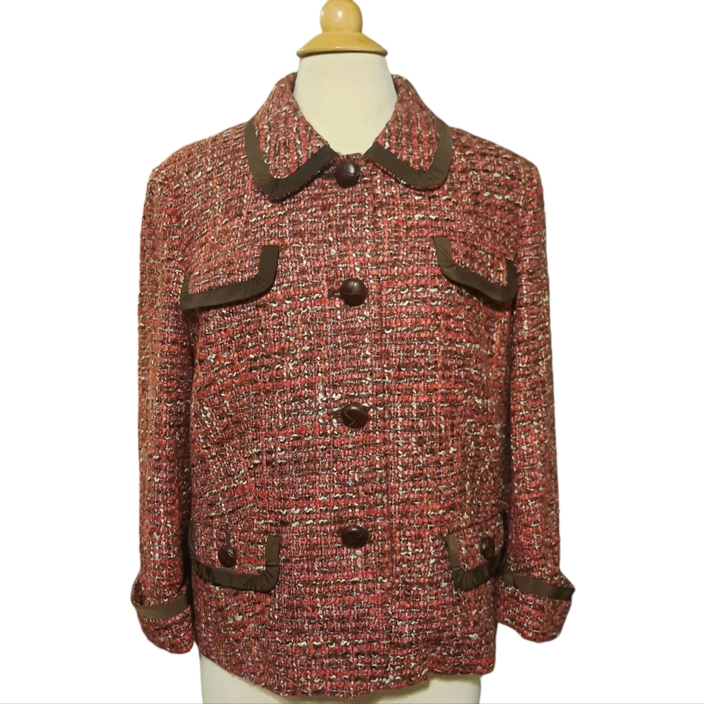 TALBOTS Wool Blend Tweed 3/4 Sleeve Cropped Jacket Sz 14 Pink/Brown/Multi